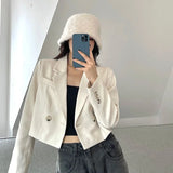 Gwmlk Women's Cropped Blazers Coat Vintage Black Notched Collar Office Lady Suit Jacket Korean Casual Long Sleeve Blazer