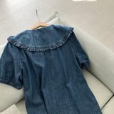 Gwmlk Style Summer Doll Collar Denim Dress Short Sleeves Loose Cute Midi Dress