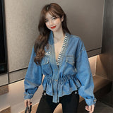 Gwmlk Women Jacket 2023 Spring Autumn Korean Chic Female All-Match V-Neck Retro Beaded Diamond Design Loose Short Denim Coats