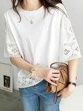 Gwmlk Half Sleeve Tshirt Women Summer Cotton Blouse Hollow Out Fashion Woman Tops White T-shirt O-Neck Loose Clothes Blusas 24813