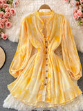 gwmlk Vintage Women Pleated Chiffon Mini Dress Elegant V-Neck Draped Single Breasted Ruffle Vestidos Sexy Party Robe 2023 New