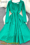 gwmlk Vintage Women Square Collar Midi Dress Elegant Green/Pink/Red High Waist Slim Draped Big Swing Vestidos Female Robe New