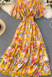 gwmlk Women Floral Printed Long Dress Sexy V-Neck Short Sleeve High Waist Ruffle Beach Vacation Vestidos Female Maxi Robe New