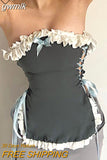 gwmlk Y2K Ruffles Corset Top Lace Up Backless Strapless Baletcore French Cute Mini Vest Women Chic Beach Fairycore Crop Top