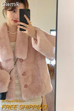 Gwmlk Winter Fashion Warm Faux Fur Coat Women Elegant Sweet Turn Down Collar Plush Jacket Korean Casual Outerwear