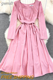 gwmlk Vintage Women Square Collar Midi Dress Elegant Green/Pink/Red High Waist Slim Draped Big Swing Vestidos Female Robe New