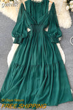 gwmlk Vintage Purple/Green/Orange Women Draped Long Dress Elegant Ruffle Collar Hollow Out High Waist A-Line Vestidos New