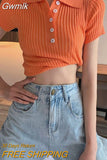 Gwmlk Turndown Collar Women Sweater T-Shirts Summer Ribbed Thin Knitted Tees Tops Woman Korean Button Up Cropped Pullover