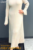 Gwmlk Women's Knit Ribbed Long Dress Long Sleeve O Neck Wrapped Pencil Dress robe femme vestidos de mujer casual elegante