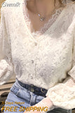 Gwmlk 4XL New Lace Blouse Women Korean Hollow Out V Neck Long Sleeve Shirt Ladies Spring Crochet Lace Solid Tops Blusa 13356