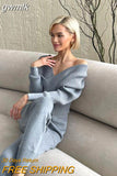 gwmlk New Sexy Off Shoulder Knitted Two Piece Set Women Long Sleeve Sport Tracksuit 2 Piece Sweater Pants Suits Matching Sets