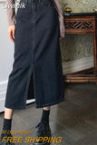 Gwmlk Front Slit Denim Skirts Female Summer 2023 Casual Washed High Waist Long Skirt Women All-Match Design Street Midi Skirt