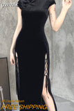 gwmlk Gothic Velvet Aesthetic Dresses Vintage Women Black Bandage SlitHem Bodycon Dress Sexy Evening Wear Cheongsam