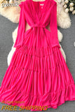 gwmlk Vintage Rose Red Pleated Party Long Dress Elegant Deep V-Neck High Waist A-Line Draped Maxi Vestiods Female New Fashion