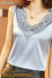 Gwmlk Woman Blouse V-neck Silk Embroidery Pretty and Cheap Women's Blouses 2023 Satin Shirts Tops Sleeveless Female Clothing