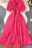 gwmlk Rose Red/White Lace Hollow Out Party Long Dress Elegant Bow Collar Puff Short Sleeve High Waist A-Line Maxi Vestidos New