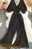 gwmlk Sexy Polka Dot Romper Women Elegant V-Neck Puff Short Sleeve High Waist Jumpsuit Female Loose Wide Leg Playsuits Fashion