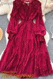 gwmlk Autumn Women Lace Midi Dress Vintage Round Neck Lantern Long Sleeve High Waist A-Line Elegant Party Robe New Fashion 2023