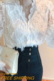 Gwmlk V-neck Long Sleeve Lace Blouse Women Tops Tassel White Shirts Blusas Hollow Out Lace Flowers Ladies Blouses Shirts 16095