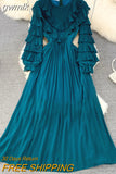 gwmlk Vintage Women Pleated Party Long Dress Elegant Round Neck Lantern Sleeve High Waist Ruffle Draped Maxi Vestidos Female