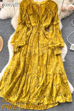 gwmlk Autumn Women Lace Midi Dress Vintage Round Neck Lantern Long Sleeve High Waist A-Line Elegant Party Robe New Fashion 2023