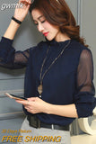 gwmlk Blouse 2023 New Women Tops Long Sleeve Stand Neck Work Wear Shirts Elegant Lady Blouses Casual Solid Color Blusas