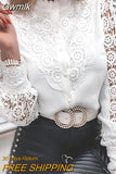 Gwmlk Sexy Lace Patchwork Hollow Out Shirt Fashion White Vintage Long Sleeve Tops Button Mesh Crochet Lace Blouse Women 13267