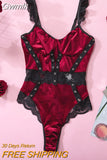 Gwmlk Velvet Bodysuit Lace Patchwork Luxury Women's Body One-Piece Crotchless Teddy Fitness Ruffle Sexy Sissy Winter Tops