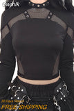 Gwmlk Gothic Mesh Patchwork T-Shirts Women Long Sleeve Eyelet Sexy Hollow Out Crop Tops Streetwear Harajuku Punk Slim Tees