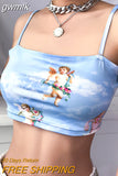 gwmlk New Fashion Women camisole Sling Top Vest Sleeveless Cold Shoulder The Angel Of Cupid Print Short Camis Female Summer Top