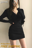 gwmlk Sleeve Dresses Women Folds Sheath Sexy V-neck Solid Trendy Leisure Ulzzang Streetwear Elegant Females