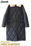 Gwmlk Collar Oversize Rhombus Pattern Long Parkas Pocket Female Warm Long Cotton Overcoat Single Breasted