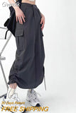 Gwmlk Y2K Streetwear Parachute Cargo Skirts Women Fashion Ruched Drawstring Long Skirt Woman High Waist Big Pocket Maxi Skirt