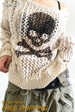 Gwmlk Skull Sweater Y2K Aesthetic Gothic Hollow Out Long Sleeve Tops Punk Style Crochet Pullover Knitwear Women Streetwear