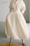 gwmlk New Oversized Elegant Women Spring Sundress Fashion Lapel Neck Long Sleeve Solid Long Shirt Dress OL Vestidos Robe Femme