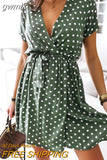 gwmlk Womens Summer Fashion Mini Dress Short Sleeve V-Neck Ladies Polka Dot Dreeses Split Vestidos For Femela Boho Beach Holiday Dress