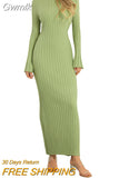 Gwmlk Women's Knit Ribbed Long Dress Long Sleeve O Neck Wrapped Pencil Dress robe femme vestidos de mujer casual elegante