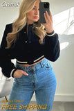 Gwmlk TRAF Women 2023 Fashion Striped Hem Baseball Jacket Women Vintage Stand Collar Long Sleeve Female Crop Coat