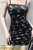 gwmlk Black Dress Women Gothic Spaghetti Strap Backless Off Shoulder Dresses Female Fashion Casual Print Sexy Dress