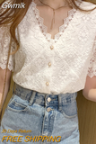 Gwmlk Women Tops and Blouse Korean V-neck New Lace Shirts Stitching Women Short-sleeved Lace Hollow Out Top Female Blusa 13985