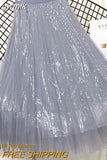 gwmlk Summer Skirts Women Korea Long Tulle Skirt Sequined Pleated A Line Midi Skirt Chic High Waist Skirt Female