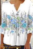 Gwmlk Floral Print Summer Blouse Women Elegant Simple Shirt V Neck Button 3/4 Length Sleeve Casual Holiday Basic Tops 27573