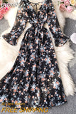 gwmlk Autumn Women Floral Long Dress Vintage V-Neck Flare Sleeve Backless High Waist A-Line Big Swing Maxi Vestidos New Fashion