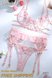 Gwmlk Erotic Lingerie Sexy Lace Sensual Underwear Set Floral Transparent Brief Sets 3 Piece Push Up Underwire Bra and Panty