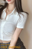 Gwmlk White Pink Crop Top for Women Korean Slim Fit Folds Buttons Turndown Collar T-shirts Woman Sexy High Waist Club T Shirt