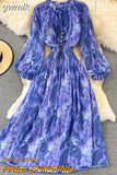 gwmlk Women Printed Long Dress Vintage Ruffle Stand Collar Puff Sleeve High Waist Elegant Maxi Robe Female Big Swing Vestidos