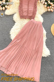 gwmlk Lace Chiffon Two Piece Set Women Vintage Beach Party Sleeveless Short Tops Pleated Long Skirt Female 2pcs Suit