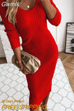 Gwmlk Autumn Long Sleeve Knitted Female Dress Sexy Slim Fit V-Neck Maxi Dress Woman Casual Basic Solid Bodycon party Dresses