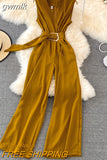 gwmlk Vintage V-Neck Sleeveless High Waist Jumpsuits Women Elegant Loose Wide Leg Romper With Sashes Female Playsuits New 2023