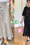 Gwmlk Summer Silver Sequined Mermaid Midi Skirt Bling Bling Shiny Sequins Calf Long Skirts